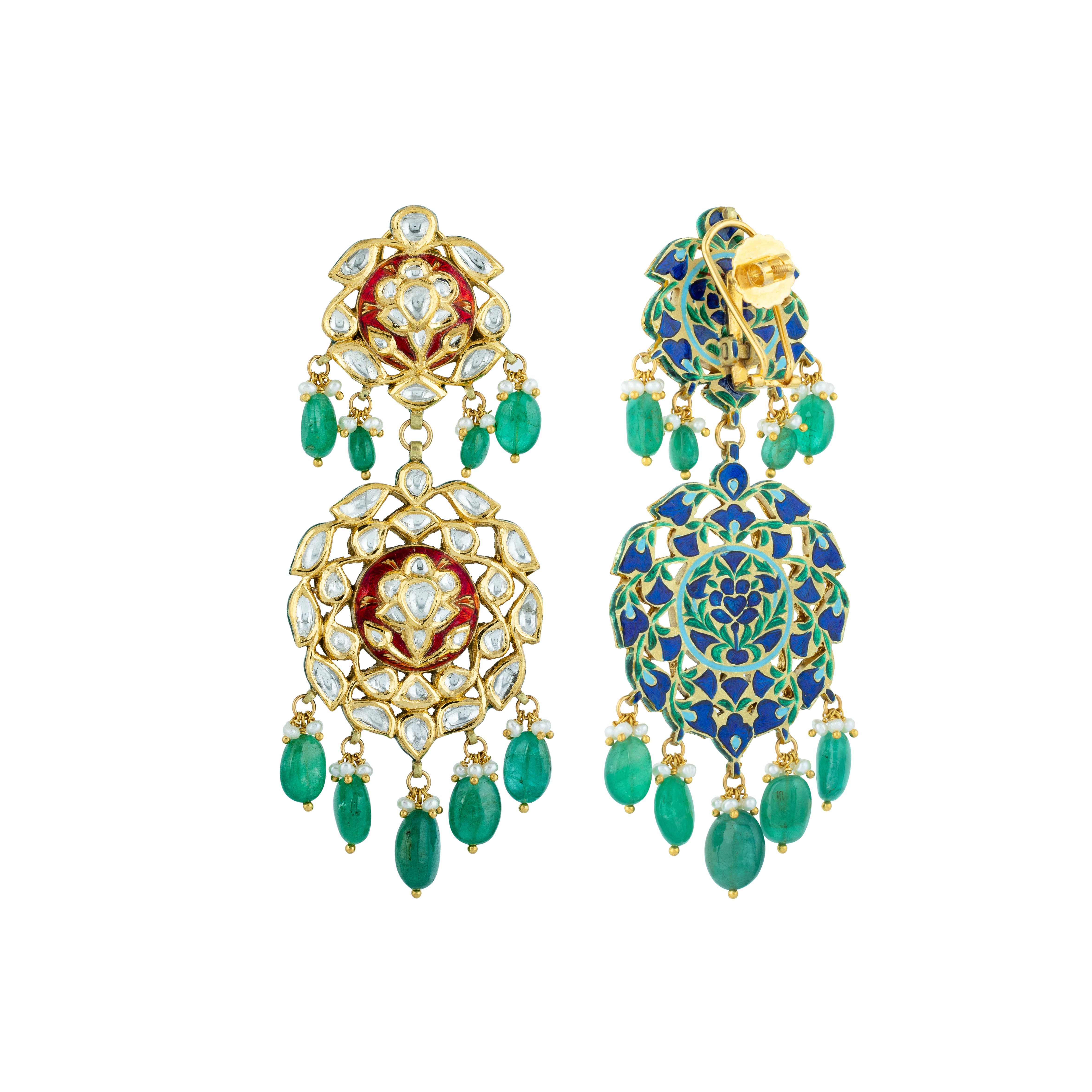 Polki Earrings with Red Enamel Base and Emerald Drops